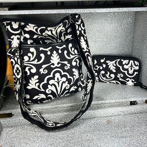 Thirty-One Organizing Shoulder Bag  Purse & Wallet Set Black Parision Pop